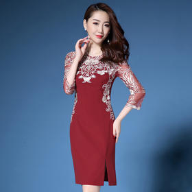 上海旗袍厂ZY-Q4026春秋新款女镂空七分袖刺绣修身女装时尚潮淑女连衣裙