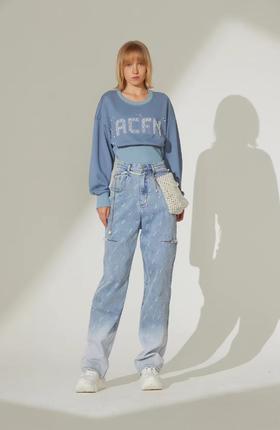 破洞珠链渐变水洗牛仔裤