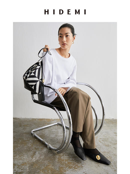 HIDEMI 简约腰带式高腰锥形长裤 黑色/卡其色 商品图8