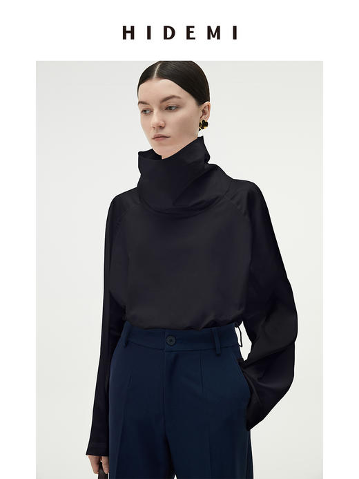 HIDEMI 醋酸缎拼接立领简约上衣 黑色/白色 商品图8