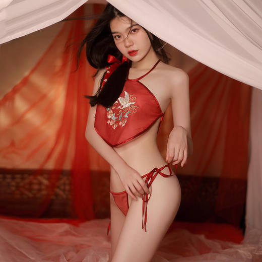 【古韵萦绕】情趣内衣 性感 仙鹤戏花刺绣 肚兜 套装 三点式 国潮风 7855 商品图3