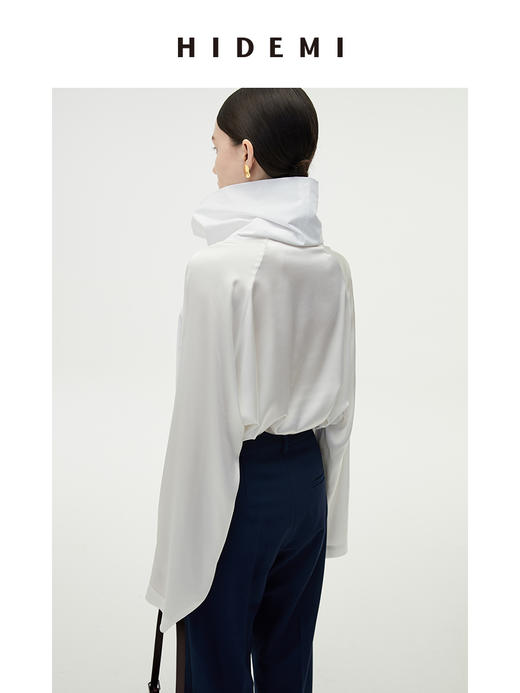 HIDEMI 醋酸缎拼接立领简约上衣 黑色/白色 商品图5
