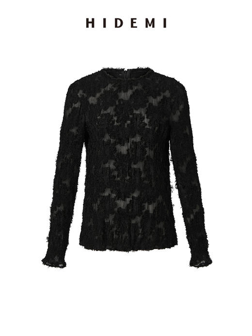 HIDEMI 到店必入艺术感雕花弹力上衣 黑色/米白色/奶油紫/巧克⼒⾊/清风绿 商品图14
