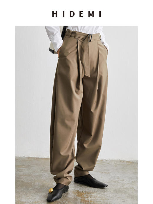 HIDEMI 简约腰带式高腰锥形长裤 黑色/卡其色 商品图4