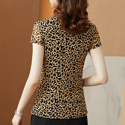 KQL-E001M60472021秋季新款时尚网纱印花豹纹半高领内搭外穿短袖女修身显瘦T恤 商品图1
