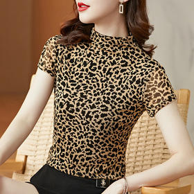 KQL-E001M60472021秋季新款时尚网纱印花豹纹半高领内搭外穿短袖女修身显瘦T恤