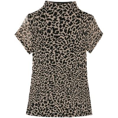 KQL-E001M60472021秋季新款时尚网纱印花豹纹半高领内搭外穿短袖女修身显瘦T恤 商品图4