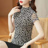 KQL-E001M60472021秋季新款时尚网纱印花豹纹半高领内搭外穿短袖女修身显瘦T恤 商品缩略图3