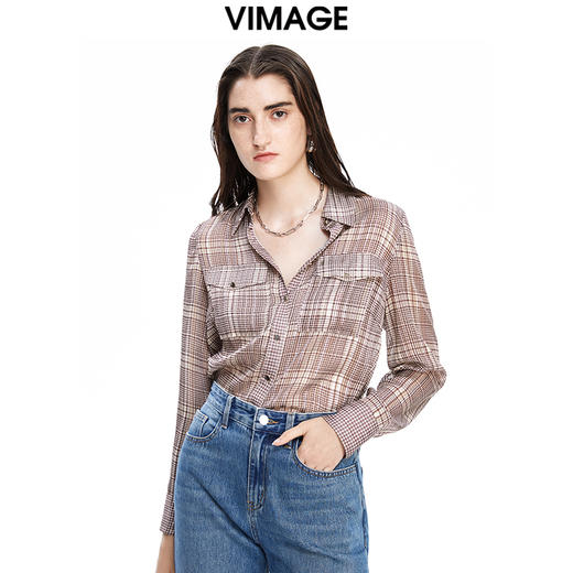VIMAGE纬漫纪秋季新款百搭简约格纹衫小上衣V1609206 商品图0