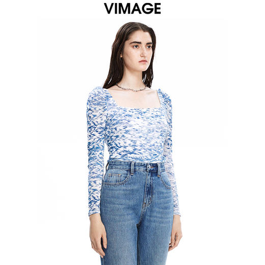VIMAGE纬漫纪秋季新款时尚方领显瘦印花小上衣V1613205 商品图2