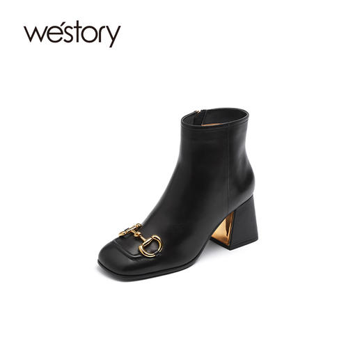 westory2021秋季新品时尚百搭方头复古高跟中筒靴子女S21DS80671 商品图1