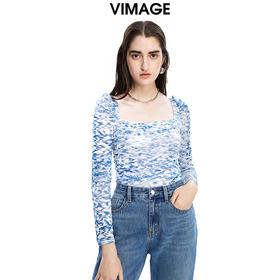 VIMAGE纬漫纪秋季新款时尚方领显瘦印花小上衣V1613205