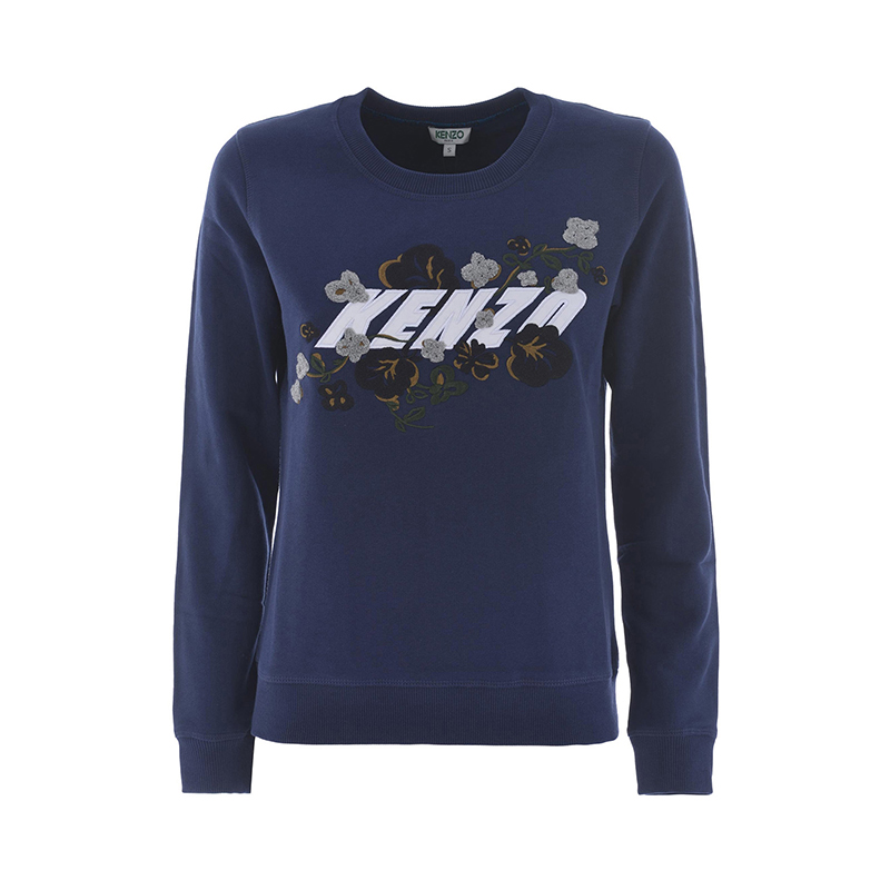 KENZO 高田贤三 女士棉质刺绣徽标罗纹圆领长袖运动卫衣 深蓝色 F762 SW880 952 77
