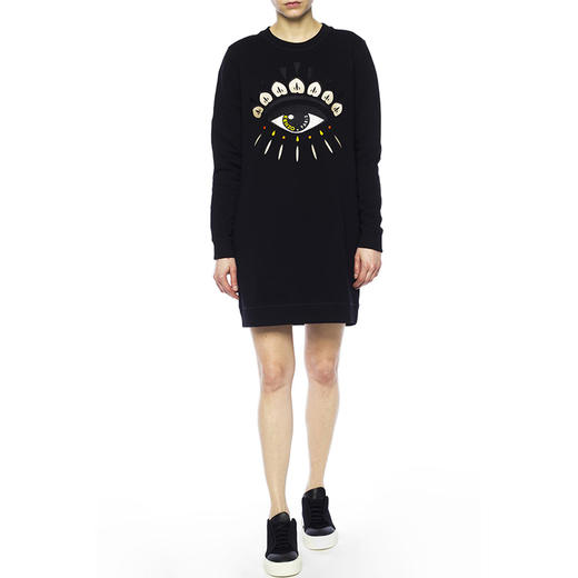 KENZO 高田贤三 女士棉质刺绣眼睛图案圆领长袖连衣裙 黑色 F852 RO837 4XI 99 商品图3
