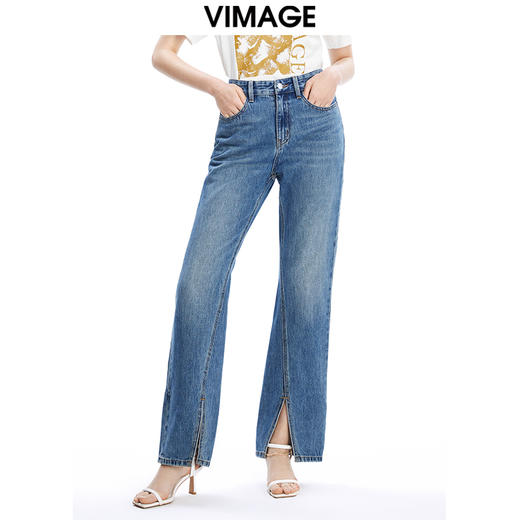 VIMAGE纬漫纪秋季新款时尚通勤休闲显瘦高腰开叉百搭牛仔裤V1605230裤子 商品图4