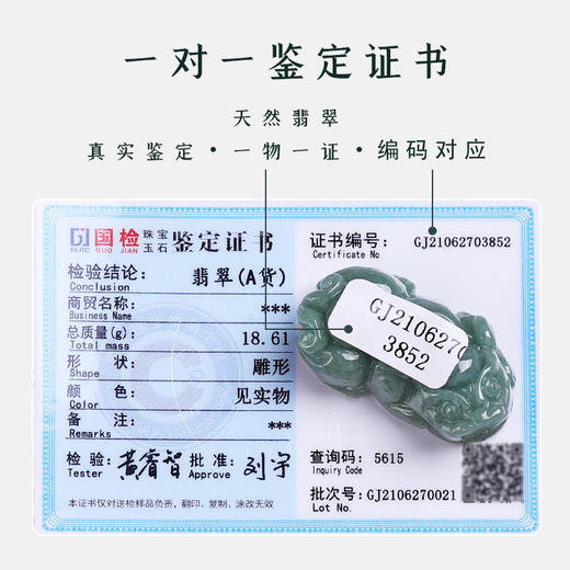【碧绿翡翠貔貅挂件】带证书 商品图1