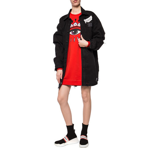 KENZO 高田贤三 女士棉质眼睛图案印花圆领长袖运动连衣裙 橘红色 F952 RO837 4XC 21 商品图3