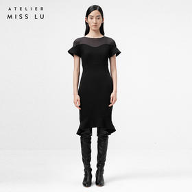 【角度浪漫】黑色流线拼纱造型袖角度圆弧下摆连衣裙/0000751