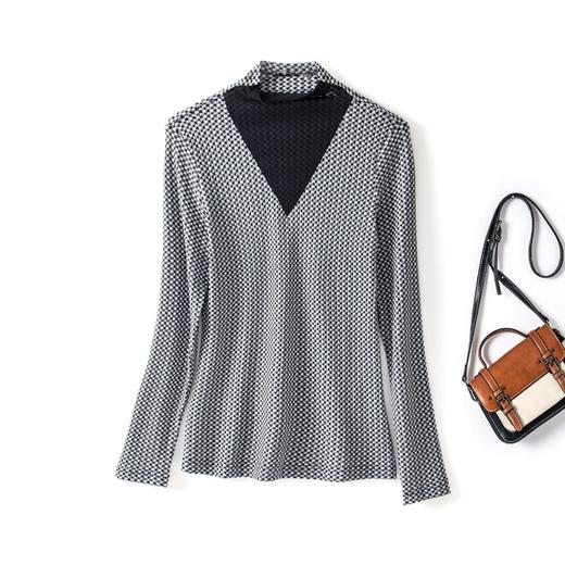 丁摩 秋冬千鸟格针织弹力打底衫V领撞色高领打底上衣百搭套头W553DB149CN259 商品图6