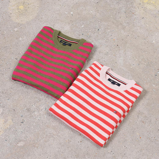 薄款 条纹纯棉 胸前刺绣 圆领毛衣/针织衫 T-1092 商品图0