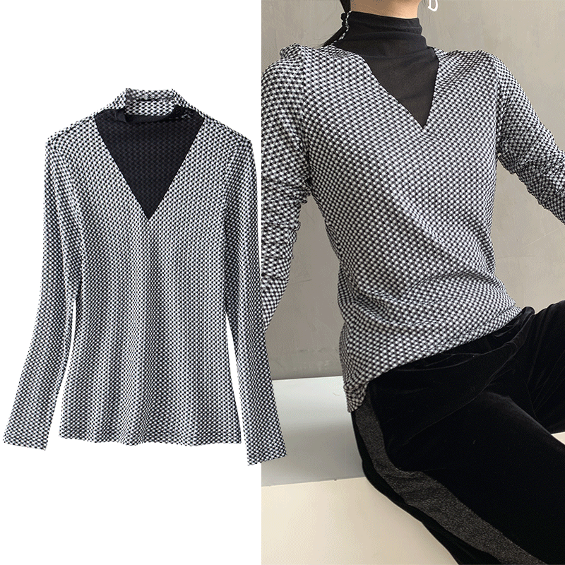 丁摩 秋冬千鸟格针织弹力打底衫V领撞色高领打底上衣百搭套头W553DB149CN259