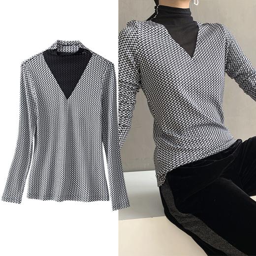 丁摩 秋冬千鸟格针织弹力打底衫V领撞色高领打底上衣百搭套头W553DB149CN259 商品图0