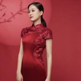 3楼 陶玉梅新品醋酸旗袍缎面烫钻礼服夏季丝绸感婚庆宴会女装181Q129S【婚礼纪】