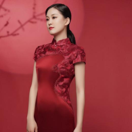 3楼 陶玉梅新品醋酸旗袍缎面烫钻礼服夏季丝绸感婚庆宴会女装181Q129S【婚礼纪】 商品图0