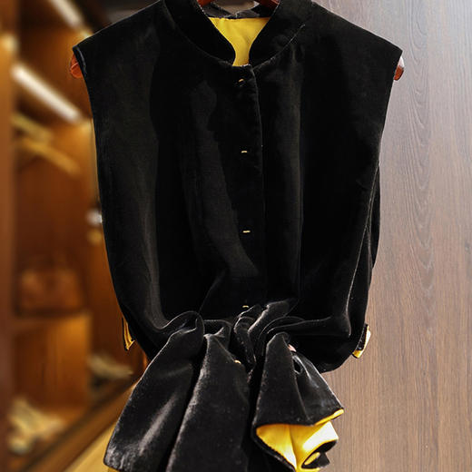 丁摩 时髦复古改良新中式真丝丝绒马甲上衣女撞色盘扣唐装背心Q121176 商品图1