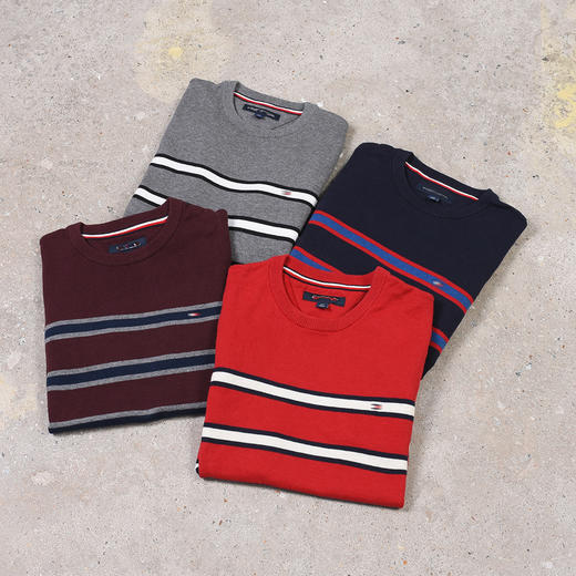 条纹撞色棉质 胸前刺绣 圆领毛衣/针织衫 特惠 T-1086 商品图1