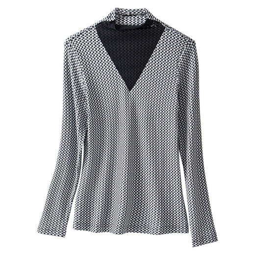 丁摩 秋冬千鸟格针织弹力打底衫V领撞色高领打底上衣百搭套头W553DB149CN259 商品图4