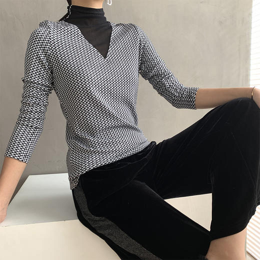 丁摩 秋冬千鸟格针织弹力打底衫V领撞色高领打底上衣百搭套头W553DB149CN259 商品图1