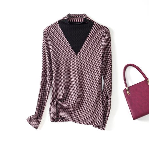 丁摩 秋冬千鸟格针织弹力打底衫V领撞色高领打底上衣百搭套头W553DB149CN259 商品图5