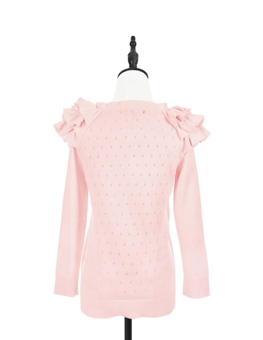 TYNVIE 花边肩饰圆领针织开衫-粉色 商品图2