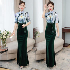 HT-N-A50-5313春装新款时尚修身七分袖丝绒鱼尾旗袍裙