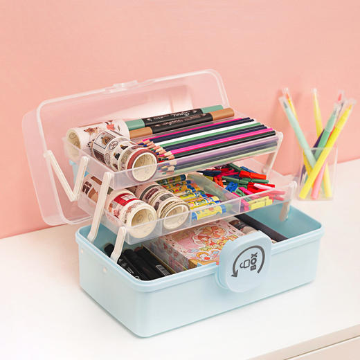 开学季福利！【文具收纳盒】大容量三层折叠收纳工具箱大小号三层多功能双层绘画素描透明铅笔盒儿童学生画箱手提便携文具箱美术生专用整理收纳盒子 商品图0