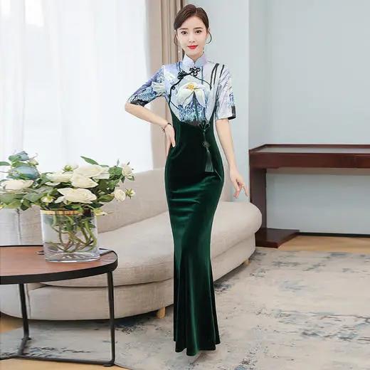 HT-N-A50-5313春装新款时尚修身七分袖丝绒鱼尾旗袍裙 商品图3