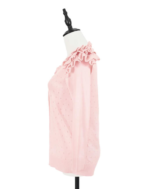 TYNVIE 花边肩饰圆领针织开衫-粉色 商品图1