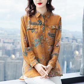 MZ115494 大码棉质长袖衬衫女士七分袖棉麻薄款2021潮款春秋装中年印花上衣