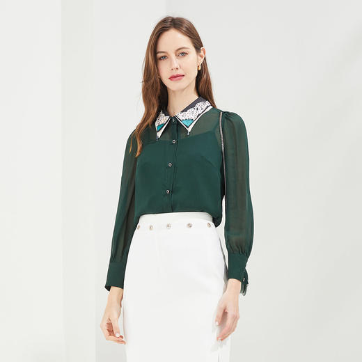 QE21A斯尔丽瑟俪2021夏季上新女士休闲宽松双领钉珠长袖衬衫 商品图0