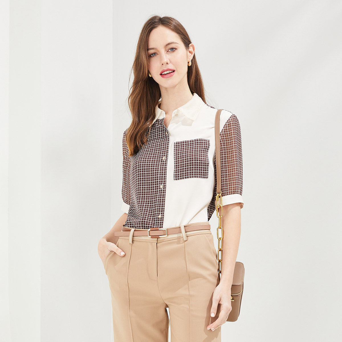 RF2A1斯尔丽瑟俪夏季新品左右不对称撞色衬衫