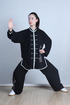 黑色银领刺绣星光麻练功服晨练服太极拳表演服