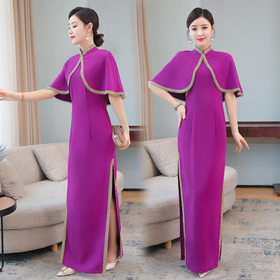 AHM- qe8132小香风披肩旗袍连衣裙女2021秋季新款中式优雅走秀演出服开叉长裙 商品图2