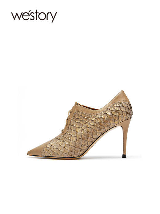 westory2021秋季新品细跟高跟鞋系带踝靴格纹单鞋尖头W21CM71641 商品图2