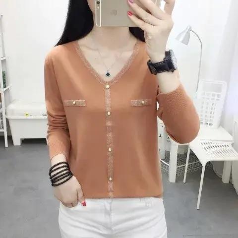 JXG-秋装女2021年新款宽松V领长袖女上衣洋气打底衫女内春秋百搭针织 商品图0