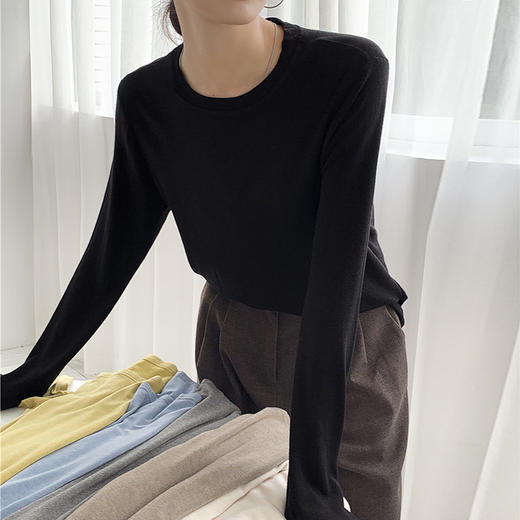 云朵衣2021秋季新款圆领百搭内搭薄款长袖针织打底衫女弹力T恤 商品图1
