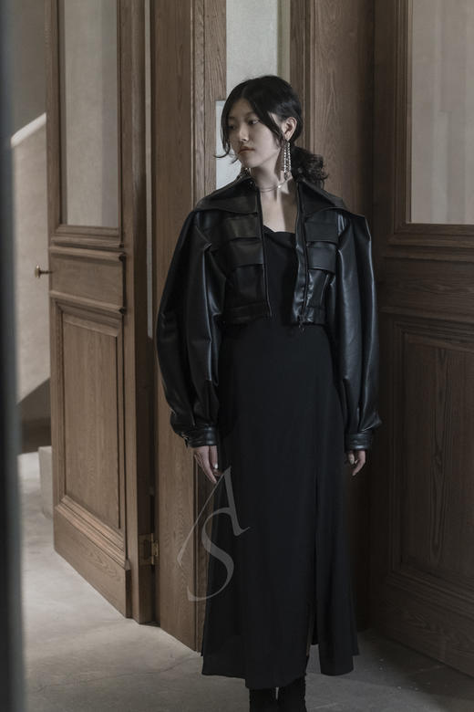 Palmer Harding  黑色皮质拼褶短夹克 商品图0