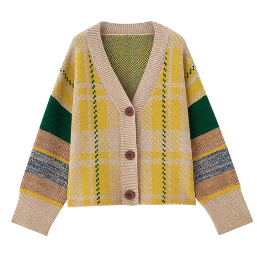 拼色开衫毛衣女外穿复古港风宽松大码秋季新款百搭短款针织外套潮 商品图4