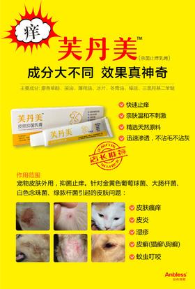 安布莱斯-芙丹美15g，2026年10月11号。  皮肤外用、抑菌止痒；针对金黄色葡萄球菌，大肠杆菌、白色念珠菌、绿脓杆菌引起的皮肤问题；也可用于蚊虫叮咬。含有三氯羟基二苯醚，麝香草酚