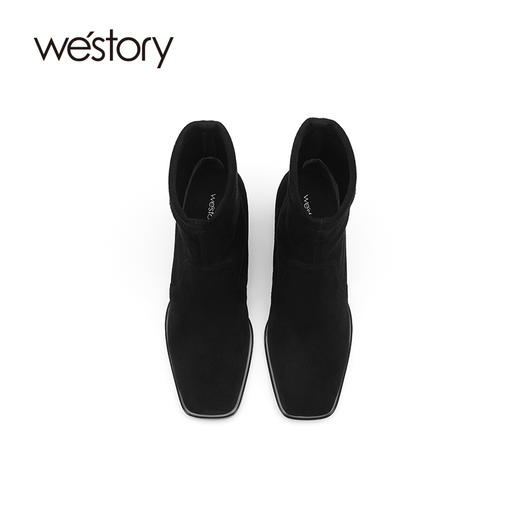westory2021秋季新款粗跟短靴瘦瘦靴方头高跟时尚短靴S21DS81191 商品图3